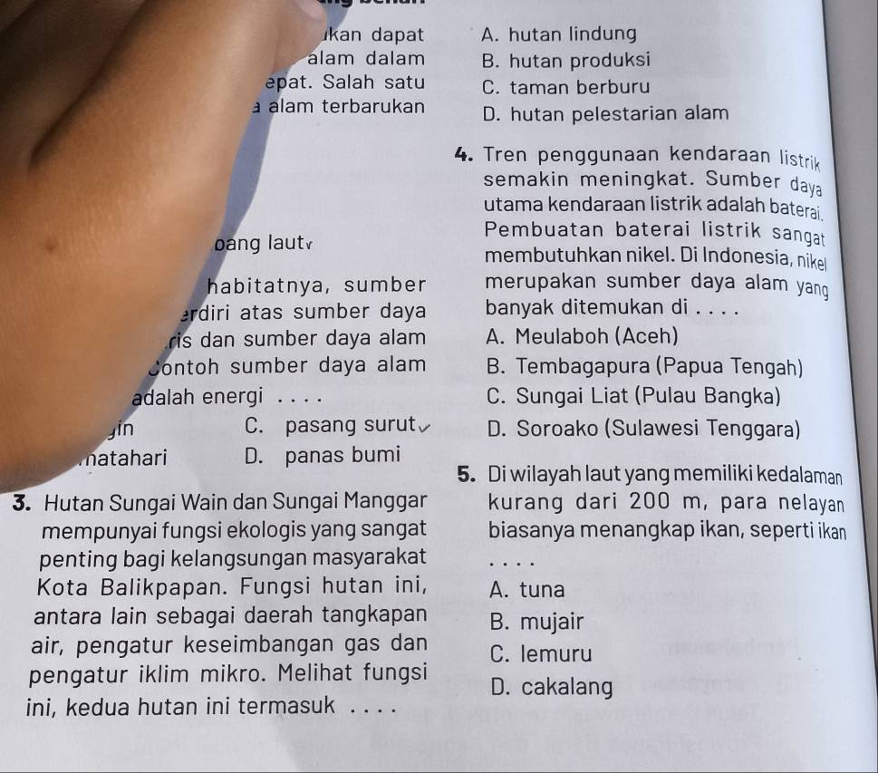 kan dapat A. hutan lindung
álam da lam B. hutan produksi
epat. Salah satu C. taman berburu
alam terbarukan D. hutan pelestarian alam
4. Tren penggunaan kendaraan listrik
semakin meningkat. Sumber daya
utama kendaraan listrik adalah baterai.
Pembuatan baterai listrik sangat
bang laut membutuhkan nikel. Di Indonesia, nike
habitatnya, sumber merupakan sumber daya alam yang 
erdiri atas sumber daya banyak ditemukan di . . . .
ris dan sumber daya alam A. Meulaboh (Aceh)
Contoh sumber daya alam B. Tembagapura (Papua Tengah)
adalah energi . . . . C. Sungai Liat (Pulau Bangka)
jin C. pasang surut D. Soroako (Sulawesi Tenggara)
matahari D. panas bumi
5. Di wilayah laut yang memiliki kedalaman
3. Hutan Sungai Wain dan Sungai Manggar kurang dari 200 m, para nelayan
mempunyai fungsi ekologis yang sangat biasanya menangkap ikan, seperti ikan
penting bagi kelangsungan masyarakat _. .
Kota Balikpapan. Fungsi hutan ini, A. tuna
antara lain sebagai daerah tangkapan B. mujair
air, pengatur keseimbangan gas dan C. lemuru
pengatur iklim mikro. Melihat fungsi D. cakalang
ini, kedua hutan ini termasuk . . . .