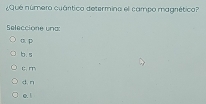 ¿Que número cuártico determino el campo magnético?
Seleccione una
o. p
b. s
c m
d n
o. 1