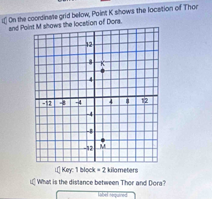 On the coordinate grid below, Point K shows the location of Thor 
and Point M shows the location of Dora. 
Key: 1 block =2 kilometers
What is the distance between Thor and Dora? 
label required