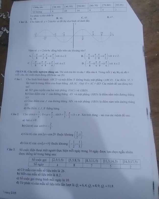 Từ phân vị thứ nhất là
A. 48 . B. 46 . C. 45 . D. 47 .
Câu 12. Cho hàm số y=2sin 4x có đồ thị như hình vẽ dưới đây.
Hàm số y=2sin 4x đồng biến trên các khoảng nào?
A. (- π /8 +k π /3 ; π /8 +k π /3 ) với k∈ Z B. (- π /8 +k π /2 ; π /8 +k π /2 ) với k∈ Z
C. (- π /8 +k π /4 ; π /8 +k π /4 ) với k∈ Z D. (- π /8 +k π /6 ; π /8 +k π /6 ) với k∈ Z
PHẢN II. Câu trắc nghiệm đúng sai. Thí sinh trá lời từ câu 1 đến câu 4. Trong mỗi ý a), b), c), d) ở
mổi câu. thí sinh chọn đúng (Đ) hoặc sai (S)
Cầu 1. Cho hình binh hành ABCD và một điểm S không thuộc mặt phẳng (ABCD) . Các điểm M. N
lần lượt là trung điểm của đoạn thăng AB,SC . Gọi O=AC∩ BD Các mệnh đề sau đúng hay
sai?
a) SO giao tuyển của hai mặt phâng (SAC) và (SBD).
b) Giao điểm của 7 của đường thắng AN và mật phẳng (SBD) là điểm nằm trên đường thăng
so
ce) Giao điểm của J của đường thắng MN và mặt phẳng (SBD) là điểm nằm trên đường thăng
SD
d) Ba điểm /, J, B thăng hàng.
Câu 2. Cho cos a= 3/4 :0. Xét tính đúng - sai của các mệnh đề sau:
a) tan a>0.
b) Giá trị của cot b=- 2/3 .
c) Giá trị của cos 2a+cos 2b thuộc khoáng ( 1/2 ;1).
d) Giá trị của cos (a+b) thuộc khoảng (- 1/2 ;- 1/3 ).
Câu 3. Số cuộc điện thoại một người thực hiện mỗi ngày trong 30 ngày được lựa chọn ngẫu nhiên
được thống kê trong bảng sau:
atrên là 26 .
b) Một của mẫu số liệu trên là 8, 2 .
c) Số cuộc gọi trung bình mỗi ngày là 10.
đ) Tứ phân vị của mẫu số liệu trên lần lượt là Q_1approx 6.4;Q_2approx 8,9;Q_3=11,8.
Trang 2/15