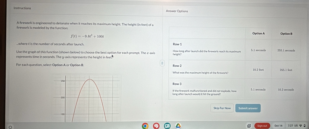 Instructions Answer Options 
A frework is engineered to detonate when it reaches its maximum height. The height (in feet) of a 
frework is modeled by the function:
f(t)=-9.8t^2+100t
_where f is the number of seconds after launch. 
Use the graph of this function (shown below) to choose the best option for each prompt. The z -axis 
represents time in seconds. The y-axis represents the height in feet. 
For each question, select Option A or Option B. 
Skip For Now Submit answer 
Sign out Oct 14 7:27 US