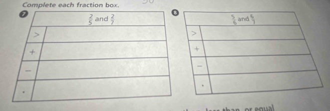 Complete each fraction box.
or egual