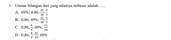 Urutan bilangan dari yang nilainya terbesar adalah ….
A. 69%; 0,86;  21/30 ;  4/5 
B. 0,86; 69%;  21/30 ;  4/5 
C. 0,86;  4/5 ; 69%;  21/30 
D. 0,86;  4/5 ;  21/30 ; 69%