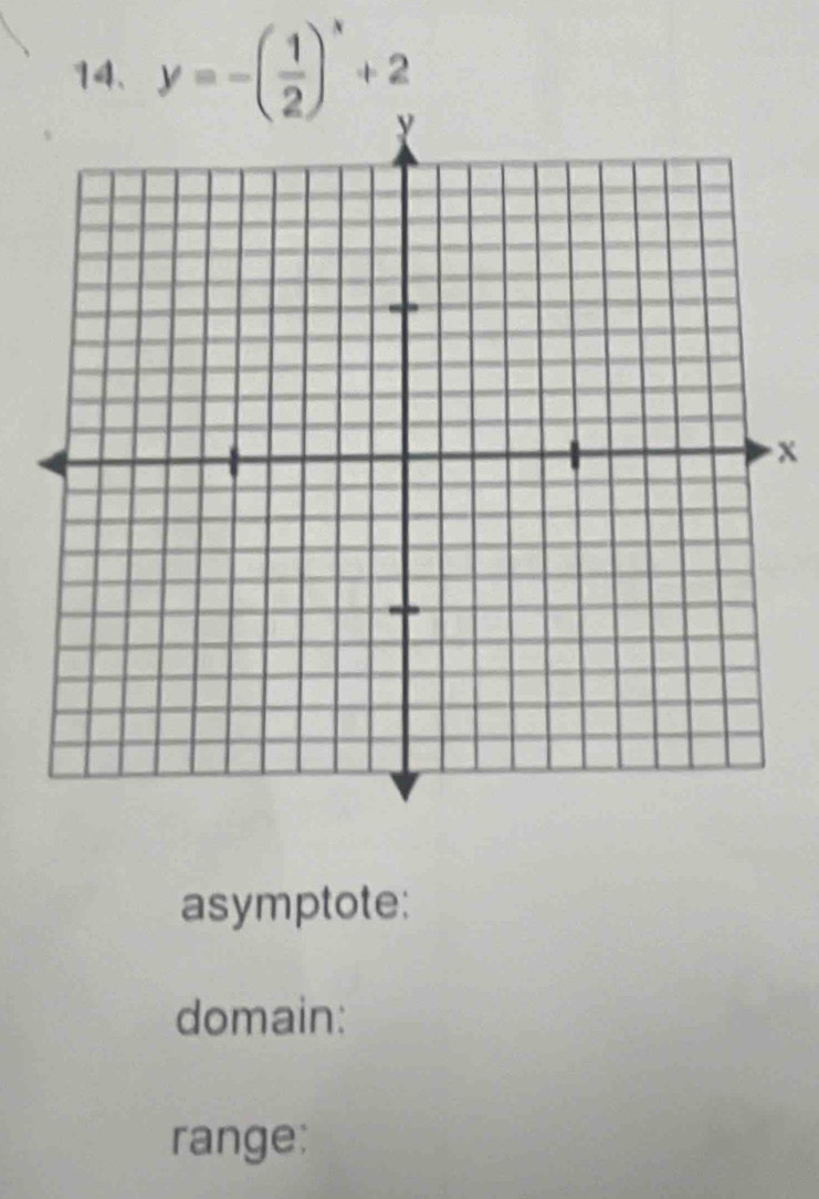 y=-( 1/2 )^x+2
x
asymptote: 
domain: 
range: