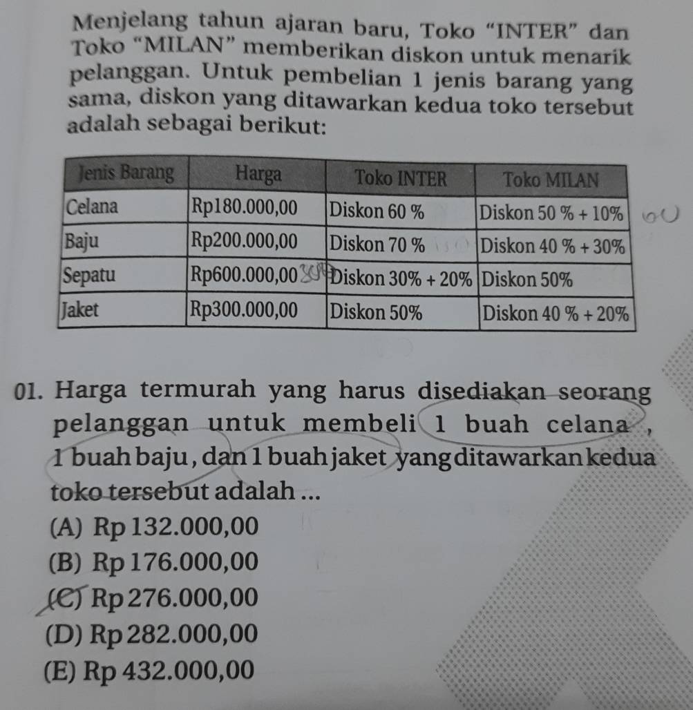 Menjelang tahun ajaran baru, Toko “INTER” dan
Toko “MILAN” memberikan diskon untuk menarik
pelanggan. Untuk pembelian 1 jenis barang yang
sama, diskon yang ditawarkan kedua toko tersebut
adalah sebagai berikut:
01. Harga termurah yang harus disediakan seorang
pelanggan untuk membeli 1 buah celana
1 buah baju , dan 1 buah jaket yang ditawarkan kedua .
toko tersebut adalah ...
(A) Rp 132.000,00
(B) Rp 176.000,00
(C) Rp 276.000,00
(D) Rp 282.000,00
(E) Rp 432.000,00