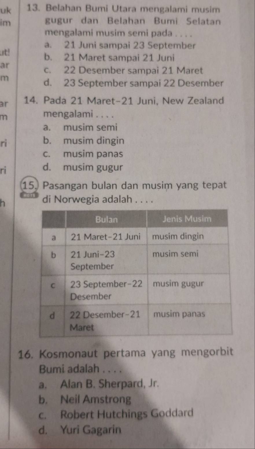 uk 13. Belahan Bumi Utara mengalami musim
im gugur dan Belahan Bumi Selatan
mengalami musim semi pada . . . .
a. 21 Juni sampai 23 September
ut!
b. 21 Maret sampai 21 Juni
ar
c. 22 Desember sampai 21 Maret
m
d. 23 September sampai 22 Desember
ar 14. Pada 21 Maret- 21 Juni, New Zealand
m
mengalami . . . .
a. musim semi
ri b. musim dingin
c. musim panas
ri
d. musim gugur
15. Pasangan bulan dan musim yang tepat
h
di Norwegia adalah . . . .
16. Kosmonaut pertama yang mengorbit
Bumi adalah . . . .
a. Alan B. Sherpard, Jr.
b. Neil Amstrong
c. Robert Hutchings Goddard
d. Yuri Gagarin