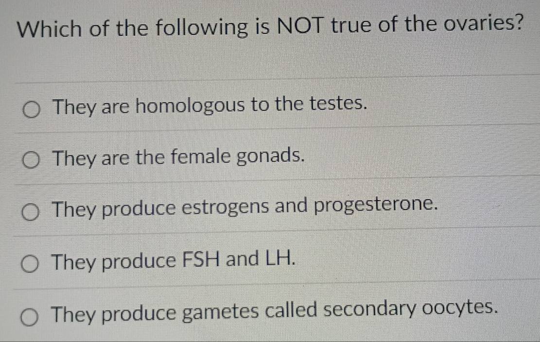 Which of the following is NOT true of the ovaries?
They are homologous to the testes.
They are the female gonads.
They produce estrogens and progesterone.
They produce FSH and LH.
They produce gametes called secondary oocytes.