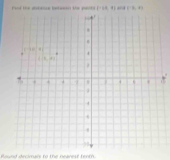 ool the distancs between the paints (-10,3) 8 0 (-b,4)
Round decimals to the nearest tenth.