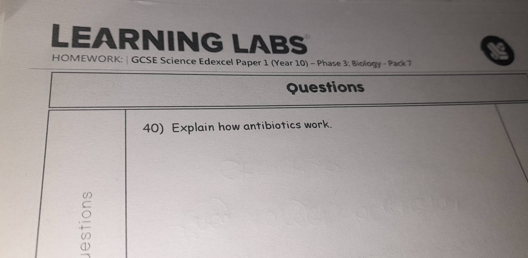 LEARNING LABS 
HOMEWORK: | GCSE Science E