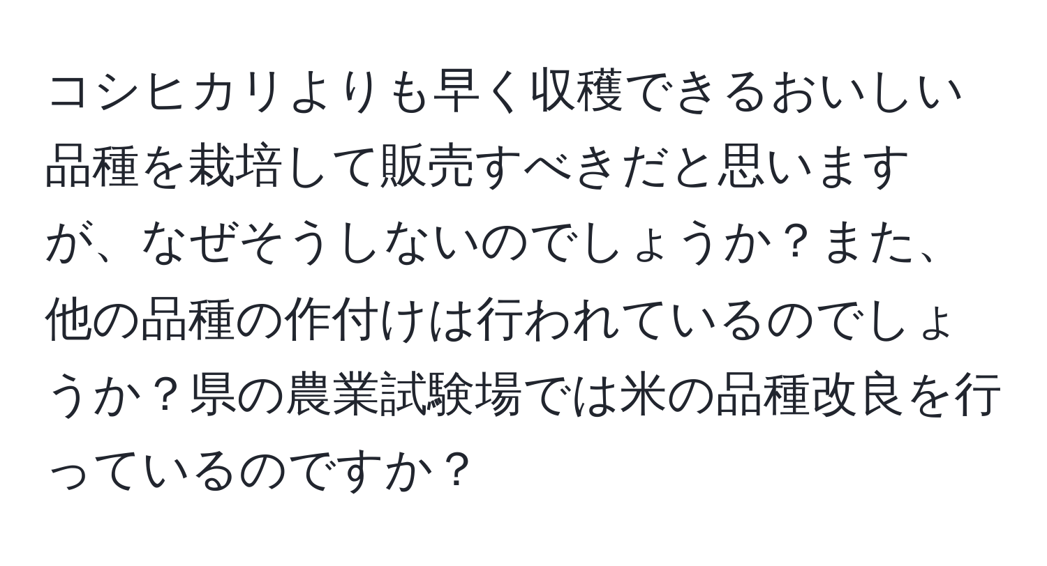 コシヒカリよりも早く収穫できるおいしい品種を栽培して販売すべきだと思いますが、なぜそうしないのでしょうか？また、他の品種の作付けは行われているのでしょうか？県の農業試験場では米の品種改良を行っているのですか？