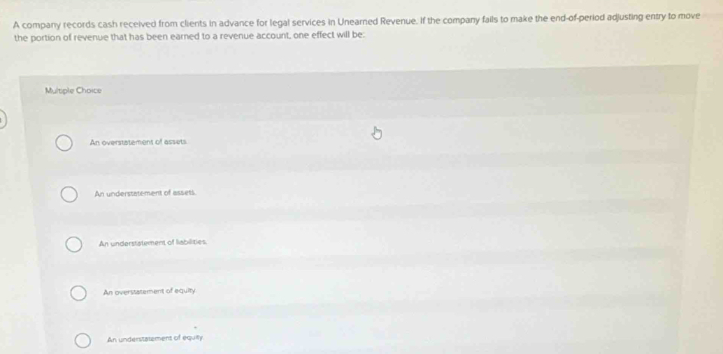 A company records cash received from clients in advance for legal services in Unearned Revenue. If the company fails to make the end-of-period adjusting entry to move
the portion of revenue that has been earned to a revenue account, one effect will be:
Multiple Choice
An overstatement of assets
An understatement of assets.
An understatement of liabilities.
An overstatement of equity
An understatement of equity.