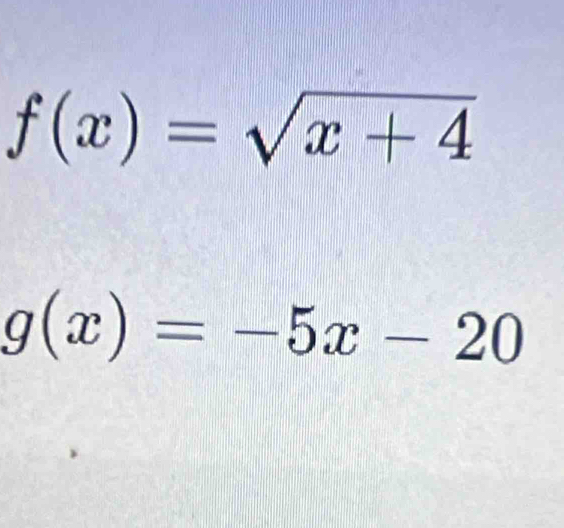 f(x)=sqrt(x+4)
g(x)=-5x-20