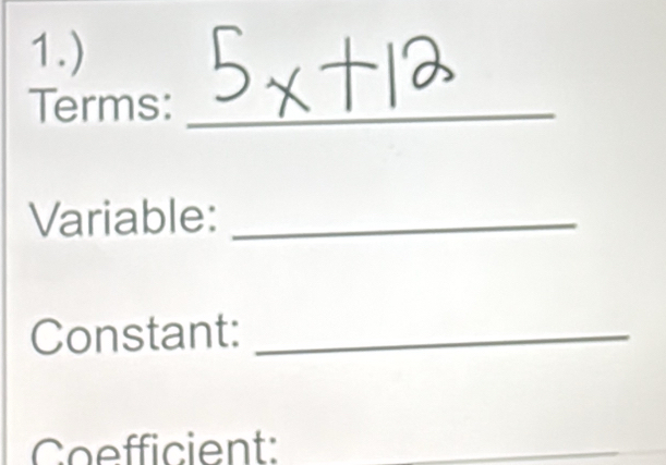 1.) 
Terms:_ 
Variable:_ 
Constant:_ 
Coefficient:_