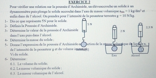 Pour vérifier une relation sur la poussée d'Archimède, un éléveaccroche un solide à un 
dynamomètre puis plonge le solide accroché dans l'eau de masse volumique =1kg/dm^3 et 
enfin dans de l'alcool. On prendra pour l’intensité de la pesanteur terrestre g=10N/kg. 
1- Dis ce que représente 5N pour le solide. 
2- Définis la Poussée d'Archimède. 
3- Détermine la valeur de la poussée d'Archimè 
dans l’cau puis dans l’alcool. 
4- Détermine la masse du solide : 
5- Donne l'expression de la poussée d'Archimè 
de l'intensité de la pesanteur g et du volume 
Vi du solide 
6- Détermine : 
6.1. Le volume du solide: 
6.2. La masse volumique du solide : 
6.3. La masse volumique de l’alcool.