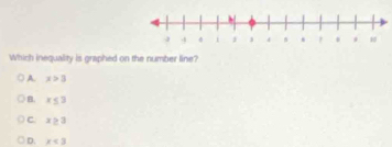 Which inequality is graphed on the number line?
A. x>3
B. x≤ 3
C. x≥ 3
D. x<3</tex>