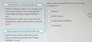 The evidence in the text tell me: What 2 types of information are used to make
Mama is making a cake for me tonight, and an inference?
when Papa comes home everybody will evidance
you. sing Happy birthday, happy birth day to
And when you wake up on your e levent random guess
birth day you expect to feel eleven, but you back ground knowledge
dun'l instructions
My background knowledge tells me:
On your birthday, people sing "Happy achel is the naraior tolling this stury.
Birthdaw" to you