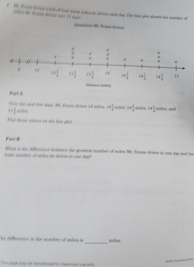 Bans keeps track of now many miles he drives each day. The line plot shows the number of
Hilles Mr. Évans dries over 15 days.
Distances Mr. Évans Drives
Fürt h
Uver the next tive days, Mr. Evans drives 14 miles, 14 3/4  miles, 14 3/4  miles. 14 1/4 miles
13 1/4  Hies , and
Plut these idues on the lime plot.
Fürt B
What is the difletence between the greatest number of miles Mr. Evans drives in one day and the
hud mumber of tiles he drives in one day?
he difference in the number of miles is_ miles.
# 2021 Great Minds P8C
This tage mey be retroduced for classroom use only.