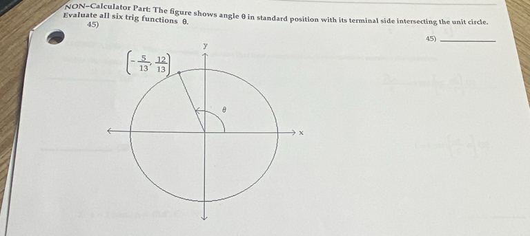 NON-Calculator Part: The figure shows angle θ in standard position with its terminal side intersecting the unit circle.
Evaluate all six trig functions θ.
45)
45)_