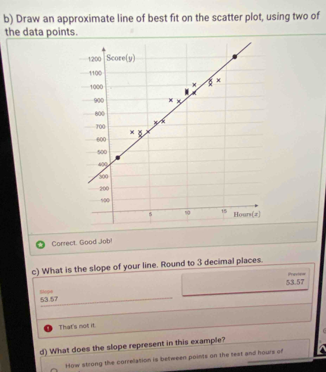 Draw an approximate line of best fit on the scatter plot, using two of
the data points.
1200 Score(y)
1100
8*
— 1000 ×
900 × ×
800
x x
700
× ǒ
600
500
400
300
200
100
5 10 15 Hours (æ)
Correct. Good Job!
c) What is the slope of your line. Round to 3 decimal places.
Preview
53.57
Slope
53.57
That's not it.
d) What does the slope represent in this example?
How strong the correlation is between points on the test and hours of