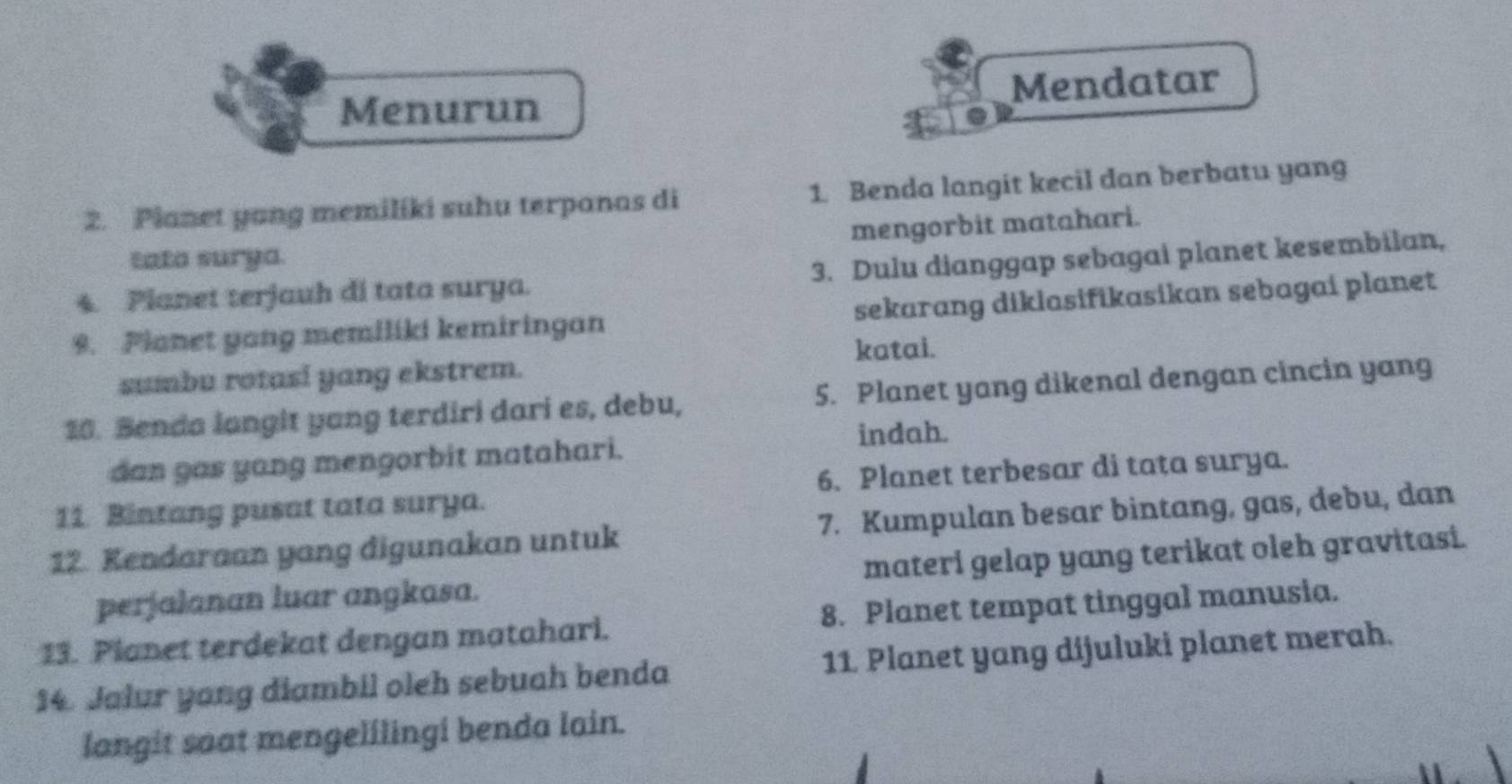 Menurun Mendatar 
2. Planet yang memiliki suhu terpanas di 1. Benda langit kecil dan berbatu yang 
tata surya. mengorbit matahari. 
4. Planet terjauh di tata surya. 3. Dulu dianggap sebagai planet kesembilan, 
9. Planet yang memiliki kemiringan sekarang diklasifikasikan sebagai planet 
katai. 
sumbu rotasi yang ekstrem. 
10. Benda langit yang terdiri dari es, debu, 5. Planet yang dikenal dengan cincin yang 
dan gas yang mengorbit matahari. indah. 
6. Planet terbesar di tata surya. 
11. Bintang pusat tata surya. 
12. Kendaraan yang digunakan untuk 7. Kumpulan besar bintang, gas, debu, dan 
perjalanan luar angkasa. materi gelap yang terikat oleh gravitasi. 
13. Planet terdekat dengan matahari. 8. Planet tempat tinggal manusia. 
14. Jalur yang diambil oleh sebuah benda 11. Planet yang dijuluki planet merah. 
langit saat mengelilingi benda lain.