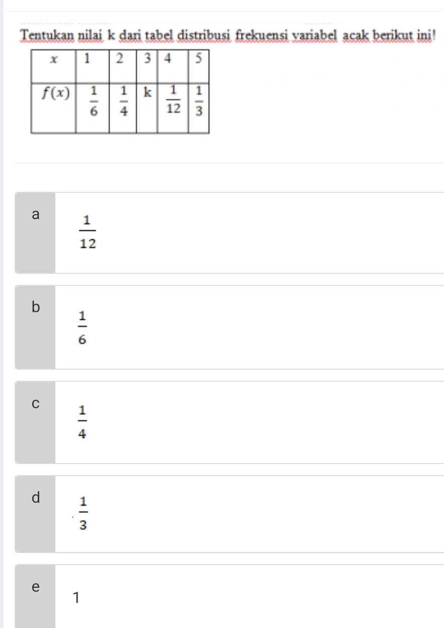Tentukan nilai k dari tabel distribusi frekuensi variabel acak berikut ini!
a  1/12 
b
 1/6 
C  1/4 
d  1/3 
e
1