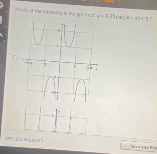 Which of the following is the graph of y=0.25csc (x+π )+1) ?
y
3
2
Mark this and return Save and Exit