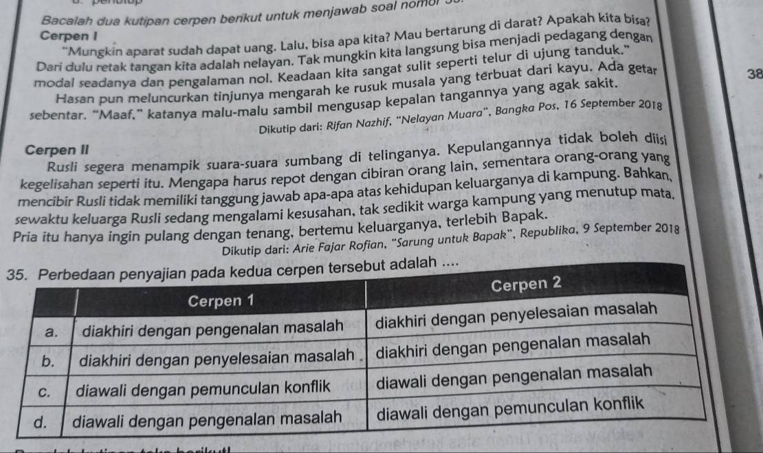 Bacalah dua kutipan cerpen benkut untuk menjawab soal nomor 
Cerpen I 
"Mungkin aparat sudah dapat uang. Lalu, bisa apa kita? Mau bertarung di darat? Apakah kita bisa? 
Dari dulu retak tangan kita adalah nelayan. Tak mungkin kita langsung bisa menjadi pedagang dengan 
modal seadanya dan pengalaman nol. Keadaan kita sangat sulit seperti telur di ujung tanduk." 
Hasan pun meluncurkan tinjunya mengarah ke rusuk musala yang terbuat dari kayu. Ada getar
38
sebentar, “Maaf,” katanya malu-malu sambil mengusap kepalan tangannya yang agak sakit. 
Dikutip dari: Rifan Nazhif, “Nelayan Muara”, Bangka Pos, 16 September 2018 
Cerpen II 
Rusli segera menampik suara-suara sumbang di telinganya. Kepulangannya tidak boleh diisi 
kegelisahan seperti itu. Mengapa harus repot dengan cibiran orang lain, sementara orang-orang yang 
mencibír Ruśli tidak memiliki tanggung jawab apa-apa atas kehidupan keluarganya di kampung. Bahkan, 
sewaktu keluarga Rusli sedang mengalami kesusahan, tak sedikit warga kampung yang menutup mata, 
Pria itu hanya ingin pulang dengan tenang, bertemu keluarganya, terlebih Bapak. 
Dikutip dari: Arie Fajar Rofian, 'Sarung untuk Bapak", Republika, 9 September 2018 
3