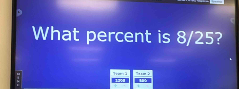 What percent is 8/25? 
; 
Team 1 Team 2
2200 800
+