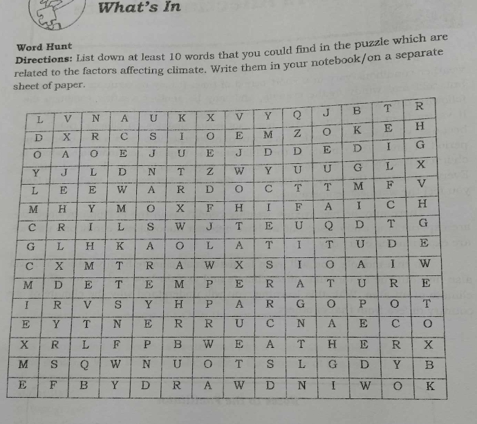 What’s In 
Word Hunt 
Directions: List down at least 10 words that you could find in the puzzle which are 
related to the factors affecting climate. Write them in your notebook/on a separate 
sheet of paper.