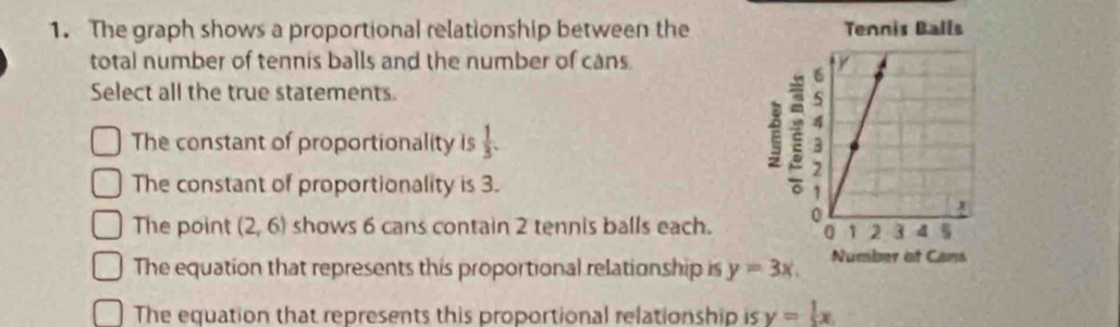 The graph shows a proportional relationship between the
total number of tennis balls and the number of cans. 
Select all the true statements.
The constant of proportionality is  1/3 .
The constant of proportionality is 3.
The point (2,6) shows 6 cans contain 2 tennis balls each.
The equation that represents this proportional relationship is
The equation that represents this proportional relationship is y= 1/2 x