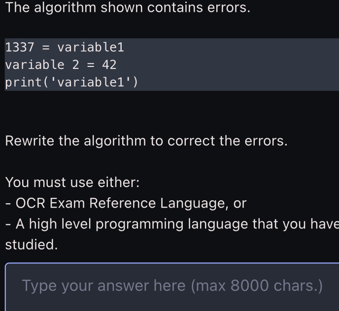 Solved: The algorithm shown contains errors. 1337= I variable1 variable ...