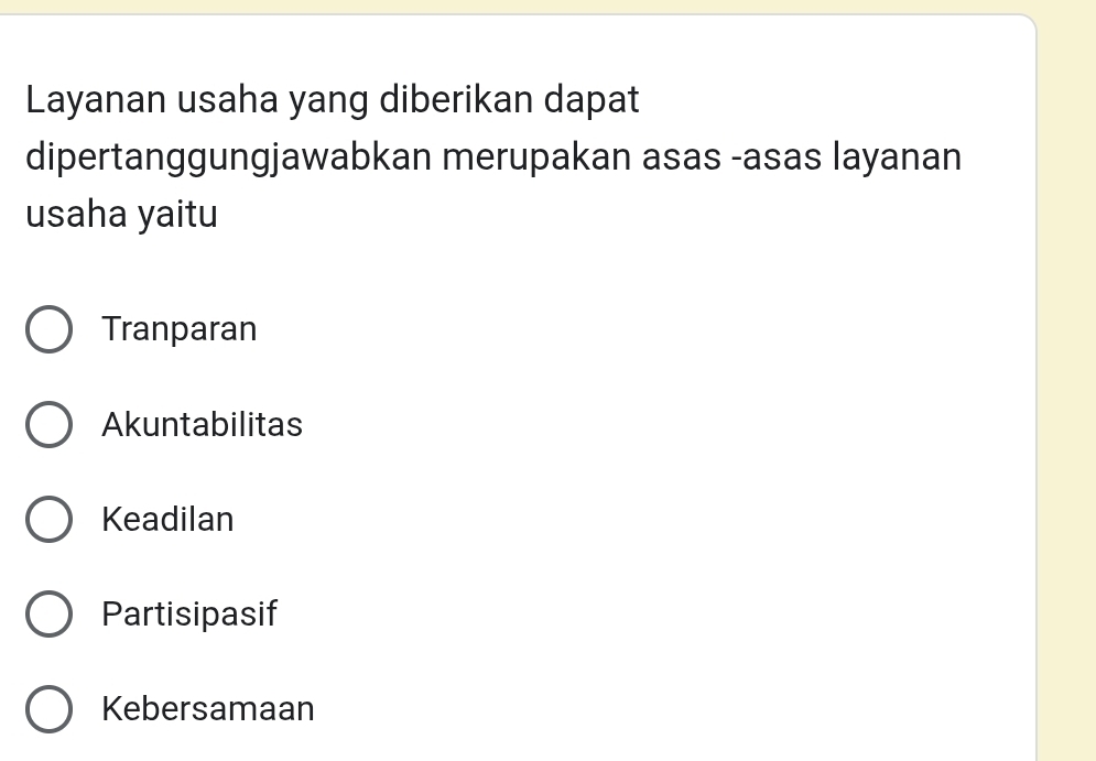 Layanan usaha yang diberikan dapat
dipertanggungjawabkan merupakan asas -asas layanan
usaha yaitu
Tranparan
Akuntabilitas
Keadilan
Partisipasif
Kebersamaan