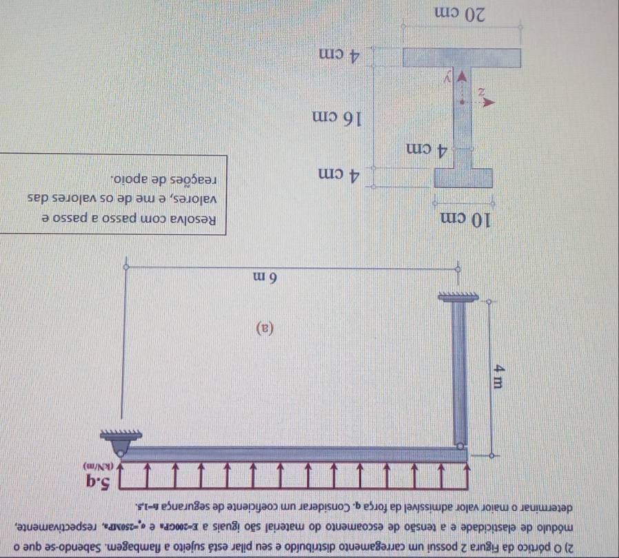 pórtico da Figura 2 possui um carregamento distribuído e seu pilar está sujeito a flambagem. Sabendo-se que o 
módulo de elasticidade e a tensão de escoamento do material são iguais a E =200GP» e «- 250MP», respectivamente, 
determinar o maior valor admissível da força q. Considerar um coeficiente de segurança fs=1=1,5, 
Resolva com passo a passo e 
valores, e me de os valores das 
reações de apoio.