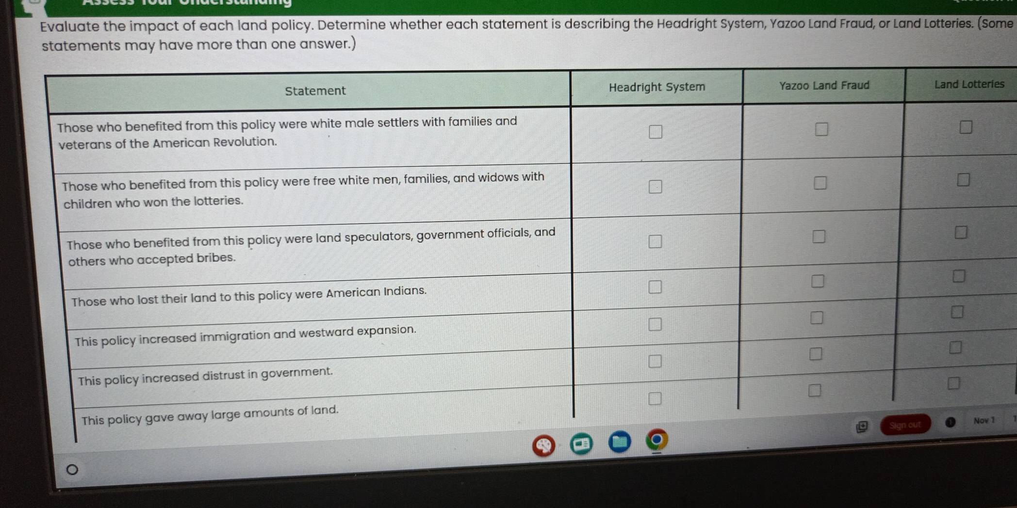 Evaluate the impact of each land policy. Determine whether each statement is describing the Headright System, Yazoo Land Fraud, or Land Lotteries. (Some 
statements may have more than one answer.) 
ies 
1