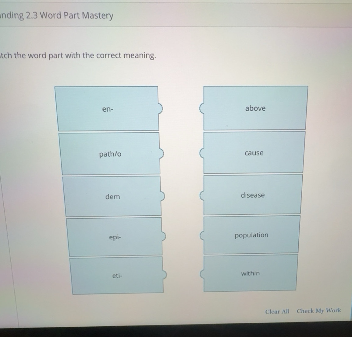 Solved: nding 2.3 Word Part Mastery tch the word part with the correct ...