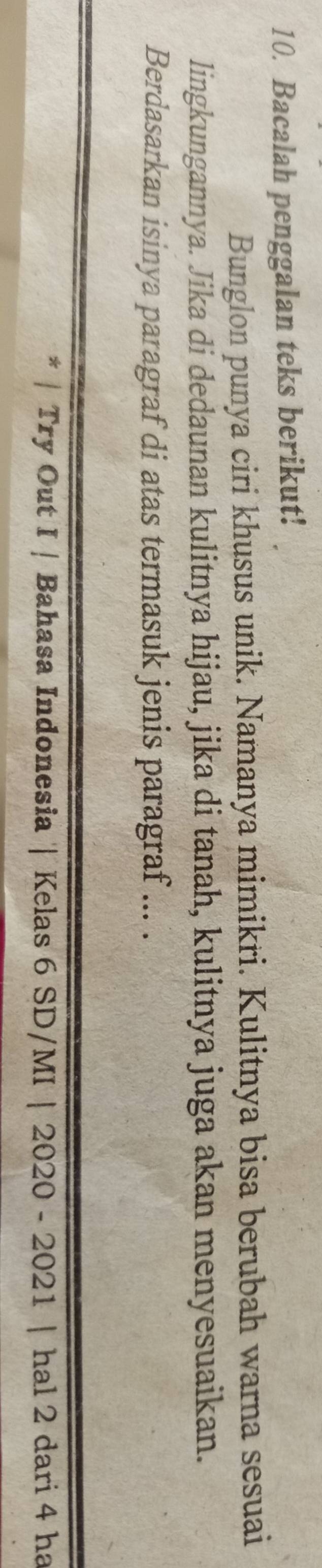 Bacalah penggalan teks berikut! 
Bunglon punya ciri khusus unik. Namanya mimikri. Kulitnya bisa berubah warna sesuai 
lingkungannya. Jika di dedaunan kulitnya hijau, jika di tanah, kulitnya juga akan menyesuaikan. 
Berdasarkan isinya paragraf di atas termasuk jenis paragraf ... . 
Try Out I | Bahasa Indonesia | Kelas 6 SD/MI / 2020 - 2021 | hal 2 dari 4 ha