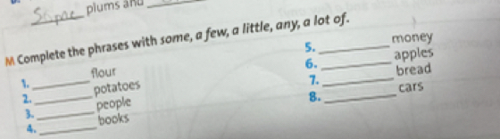 plums anu_ 
M Complete the phrases with some, a few, a little, any, a lot of. 
5. money 
6. apples 
1. flour 
7._ bread 
2. _potatoes 
8. _cars 
3,_ people 
4._ books