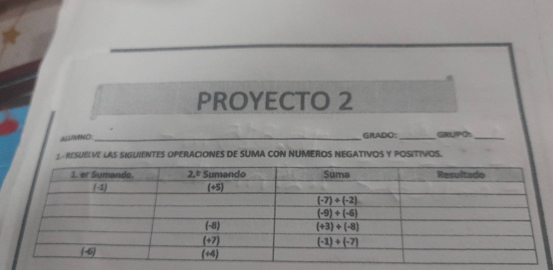 PROYECTO 2
ALUMNO;_ GRADO:_
GRUPO:_
1.- RESUELVE LAS SIGUIENTES OPERACIONES DE SUMA CON NUMEROS NEGATIVOS Y POSITIVOS.