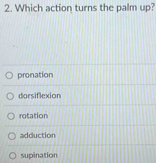 Solved: Which action turns the palm up? pronation dorsiflexion rotation ...