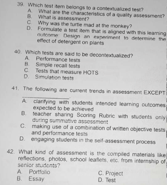Solved: Which test item belongs to a contextualized test? A. What are ...