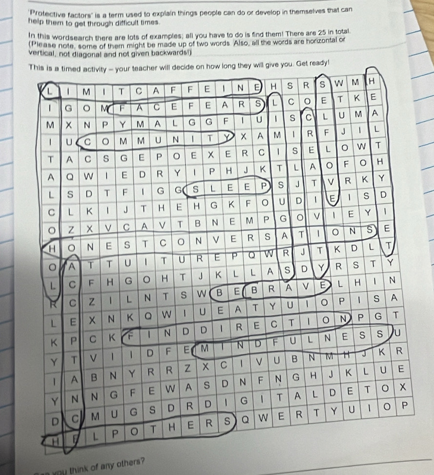 "Protective factors" is a term used to explain things people can do or develop in themselves that can 
help them to get through difficult times. 
In this wordsearch there are lots of examples; all you have to do is find them! There are 25 in total. 
(Please note, some of them might be made up of two words Also, all the words are horizontal or 
vertical, not diagonal and not given backwards!) 
dy! 
wy think of any others