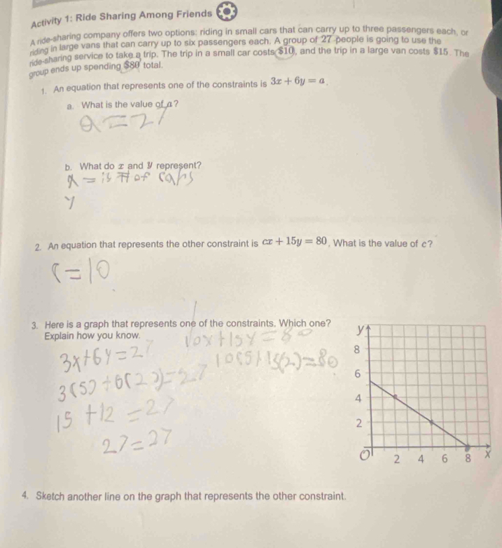 Activity 1: Ride Sharing Among Friends
A ride-sharing company offers two options: riding in small cars that can carry up to three passengers each, or
nding in large vans that can carry up to six passengers each. A group of 27 people is going to use the
nde-sharing service to take a trip. The trip in a small car costs $10, and the trip in a large van costs $15. The
group ends up spending $80 total.
1. An equation that represents one of the constraints is 3x+6y=a. 
a. What is the value of ?
b. What do x and Y represent?
2. An equation that represents the other constraint is cx+15y=80. What is the value of c?
3. Here is a graph that represents one of the constraints. Which one? 
Explain how you know.
4. Sketch another line on the graph that represents the other constraint.