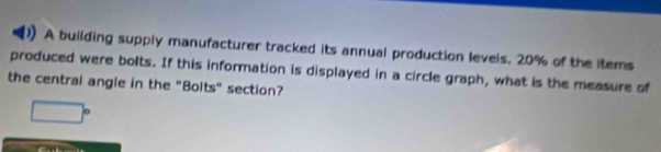A building supply manufacturer tracked its annual production levels. 20% of the items 
produced were bolts. If this information is displayed in a circle graph, what is the measure of 
the central angle in the "Bolts" section?
□°