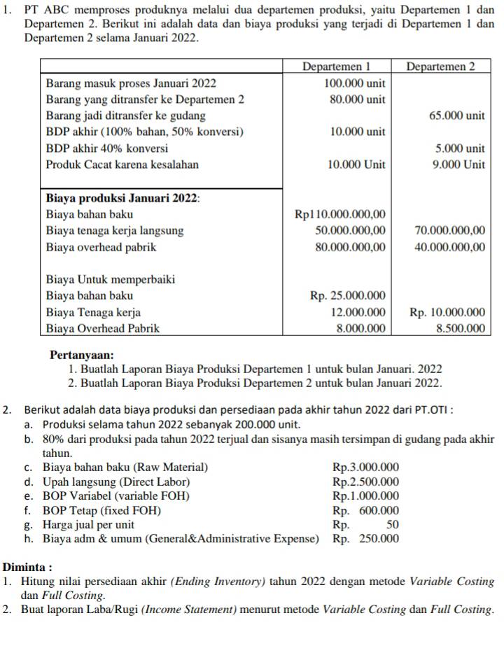 PT ABC memproses produknya melalui dua departemen produksi, yaitu Departemen 1 dan 
Departemen 2. Berikut ini adalah data dan biaya produksi yang terjadi di Departemen 1 dan 
Departemen 2 selama Januari 2022. 
Pertanyaan: 
1. Buatlah Laporan Biaya Produksi Departemen 1 untuk bulan Januari. 2022 
2. Buatlah Laporan Biaya Produksi Departemen 2 untuk bulan Januari 2022. 
2. Berikut adalah data biaya produksi dan persediaan pada akhir tahun 2022 dari PT.OTI : 
a. Produksi selama tahun 2022 sebanyak 200.000 unit. 
b. 80% dari produksi pada tahun 2022 terjual dan sisanya masih tersimpan di gudang pada akhir 
tahun. 
c. Biaya bahan baku (Raw Material) Rp.3.000.000
d. Upah langsung (Direct Labor) Rp.2.500.000
e. BOP Variabel (variable FOH) Rp.1.000.000
f. BOP Tetap (fixed FOH) Rp. 600.000
g. Harga jual per unit Rp. 50
h. Biaya adm & umum (General&Administrative Expense) Rp. 250.000
Diminta : 
1. Hitung nilai persediaan akhir (Ending Inventory) tahun 2022 dengan metode Variable Costing 
dan Full Costing. 
2. Buat laporan Laba/Rugi (Income Statement) menurut metode Variable Costing dan Full Costing.