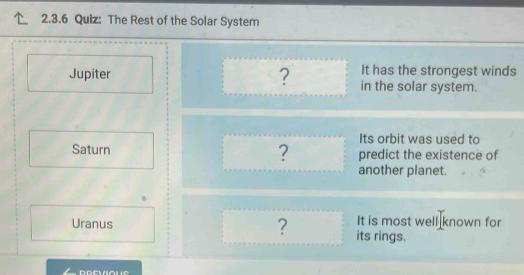 The Rest of the Solar System 
Jupiter 
? 
It has the strongest winds 
in the solar system. 
Its orbit was used to 
Saturn 
? 
predict the existence of 
another planet. 
. 
Uranus 
? 
It is most well known for 
its rings.