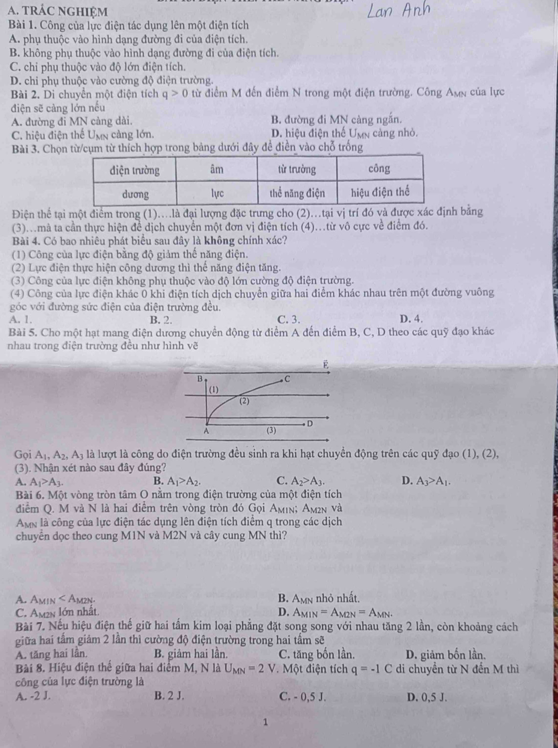 trÁC nGHIệM
Bài 1. Công của lực điện tác dụng lên một điện tích
A. phụ thuộc vào hình dạng đường đi của điện tích.
B. không phụ thuộc vào hình dạng đường đi của điện tích.
C. chi phụ thuộc vào độ lớn điện tích.
D. chi phụ thuộc vào cường độ điện trường.
Bài 2. Di chuyển một điện tích q>0 từ điểm M đến điểm N trong một điện trường. Công Amn của lực
điện sẽ càng lớn nếu
A. đường đi MN càng dài. B. đường đi MN càng ngắn.
C. hiệu điện thế Umn càng lớn. D. hiệu điện thế Umn càng nhỏ.
Bài 3. Chọn từ/cụm từ thích hợp trong bảng dưới đây để điền vào chỗ trống
Điện thể tại một điểm trong (1)....là đại lượng đặc trưng cho (2)...tại vị trí đó và được xác định bằng
(3)..mà ta cần thực hiện để dịch chuyển một đơn vị điện tích (4)..từ vô cực về điểm đó.
Bài 4. Có bao nhiêu phát biểu sau đây là không chính xác?
(1) Công của lực điện bằng độ giảm thế năng điện.
(2) Lực điện thực hiện công dương thì thế năng điện tăng.
(3) Công của lực điện không phụ thuộc vào độ lớn cường độ điện trường.
(4) Công của lực điện khác 0 khi điện tích dịch chuyển giữa hai điểm khác nhau trên một đường vuông
góc với đường sức điện của điện trường đều.
A. 1. B. 2. C. 3. D. 4.
Bài 5. Cho một hạt mang điện dương chuyển động từ điểm A đến điểm B, C, D theo các quỹ đạo khác
nhau trong điện trường đều như hình vẽ
G oi A_1,A_2,A_3 là lượt là công do điện trường đều sinh ra khi hạt chuyền động trên các quỹ đạo (1), (2),
(3). Nhận xét nào sau đây đúng?
A. A_1>A_3. B. A_1>A_2. C. A_2>A_3. D. A_3>A_1.
Bài 6. Một vòng tròn tâm O nằm trong điện trường của một điện tích
điểm Q. M và N là hai điểm trên vòng tròn đó Gọi Aмιν; Αм₂n và
Amn là công của lực điện tác dụng lên điện tích điểm q trong các dịch
chuyển dọc theo cung M1N và M2N và cây cung MN thì?
A. Amin < Am2n. B. Amn nhỏ nhất.
 C. Am²n lớn nhất. D. A_MIN=A_M2N=A_MN.
Bài 7. Nếu hiệu điện thế giữ hai tấm kim loại phẳng đặt song song với nhau tăng 2 lần, còn khoảng cách
giữa hai tấm giảm 2 lần thì cường độ điện trường trong hai tấm sẽ
A. tăng hai lần. B. giảm hai lần. C. tăng bốn lần. D. giảm bốn lần,
Bài 8. Hiệu điện thế giữa hai điểm M, N là U_MN=2V. Một điện tích q=-1C di chuyển từ N đến M thì
công của lực điện trường là
A. -2 J. B. 2 J. C. - 0,5 J. D. 0,5 J.
1