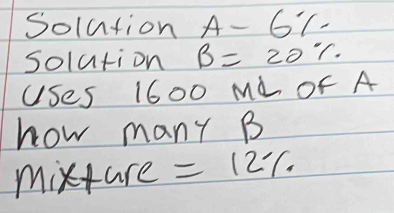 Solution A-6%
solution B=20%
USes 1600 Mà OF A 
how many B
n nixture: =12%