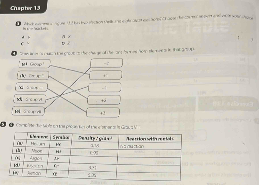 Chapter 13
3 Which element in Figure 13.2 has two electron shells and eight outer electrons? Choose the correct answer and write your choice
in the brackets.
A V B X  )
C Y D Z
4 Draw lines to match the group to the charge of the ions formed from elements in that group.
(s
(a) Group l -2
(b) Group II +1
61
(c) Group III -1
(d) Group VI +2
(e) Group VII +3
❺ ❺ Complete the table on the properties of the elements in Group VIII.