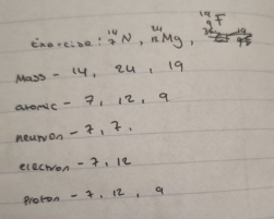 mg F 
eharcise! ^14_7N , ning, 
Mass - 14, ¢U 19
aromc - 7, 12, 9
nearron- , . 
elecwon -, le 
proton - 4, 12, a