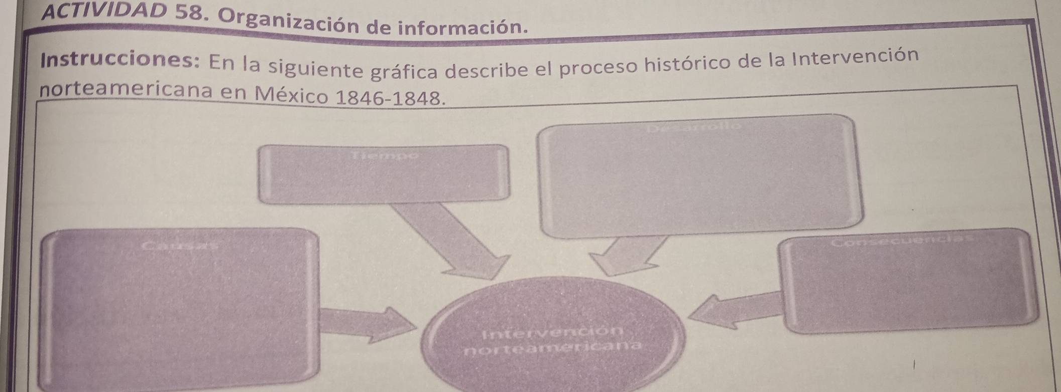 ACTIVIDAD 58. Organización de información. 
Instrucciones: En la siguiente gráfica describe el proceso histórico de la Intervención 
norteamericana en México 1846-1848. 
Intervención 
pre 
mencal